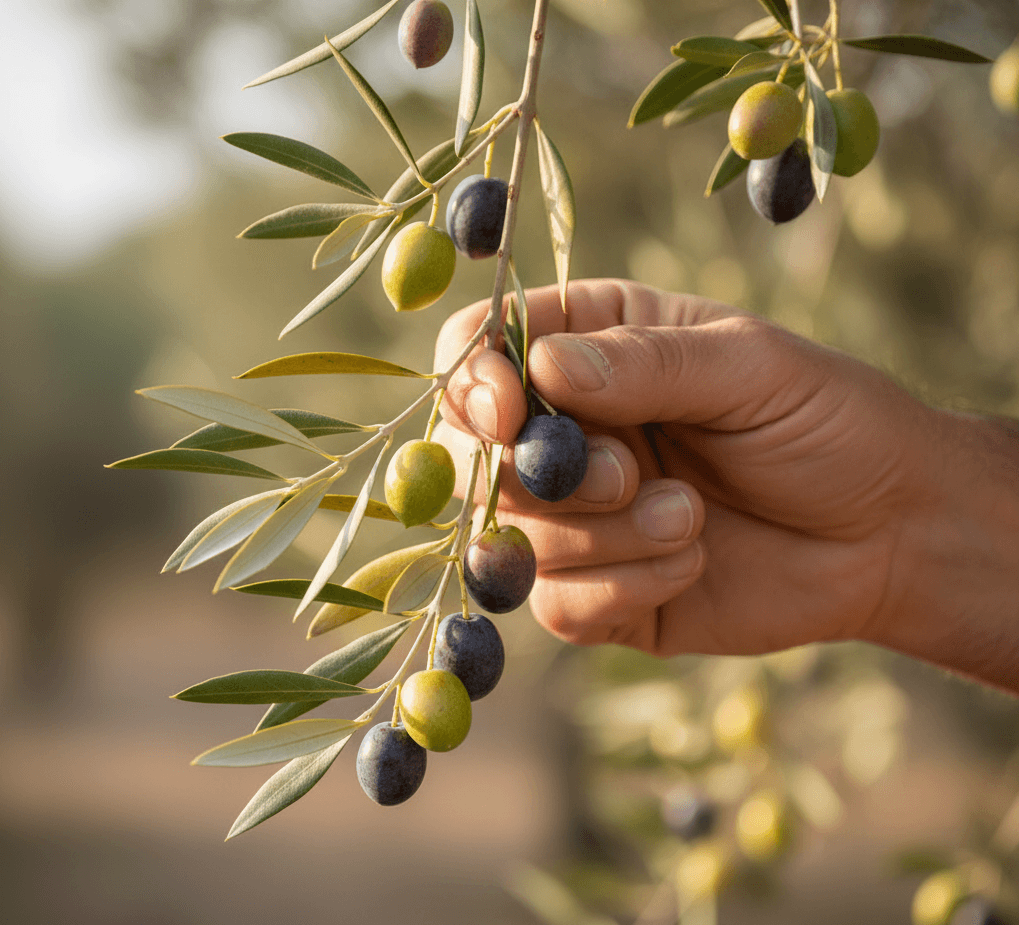Hands picking olives at peak ripeness to preserve flavour and polyphenols.
